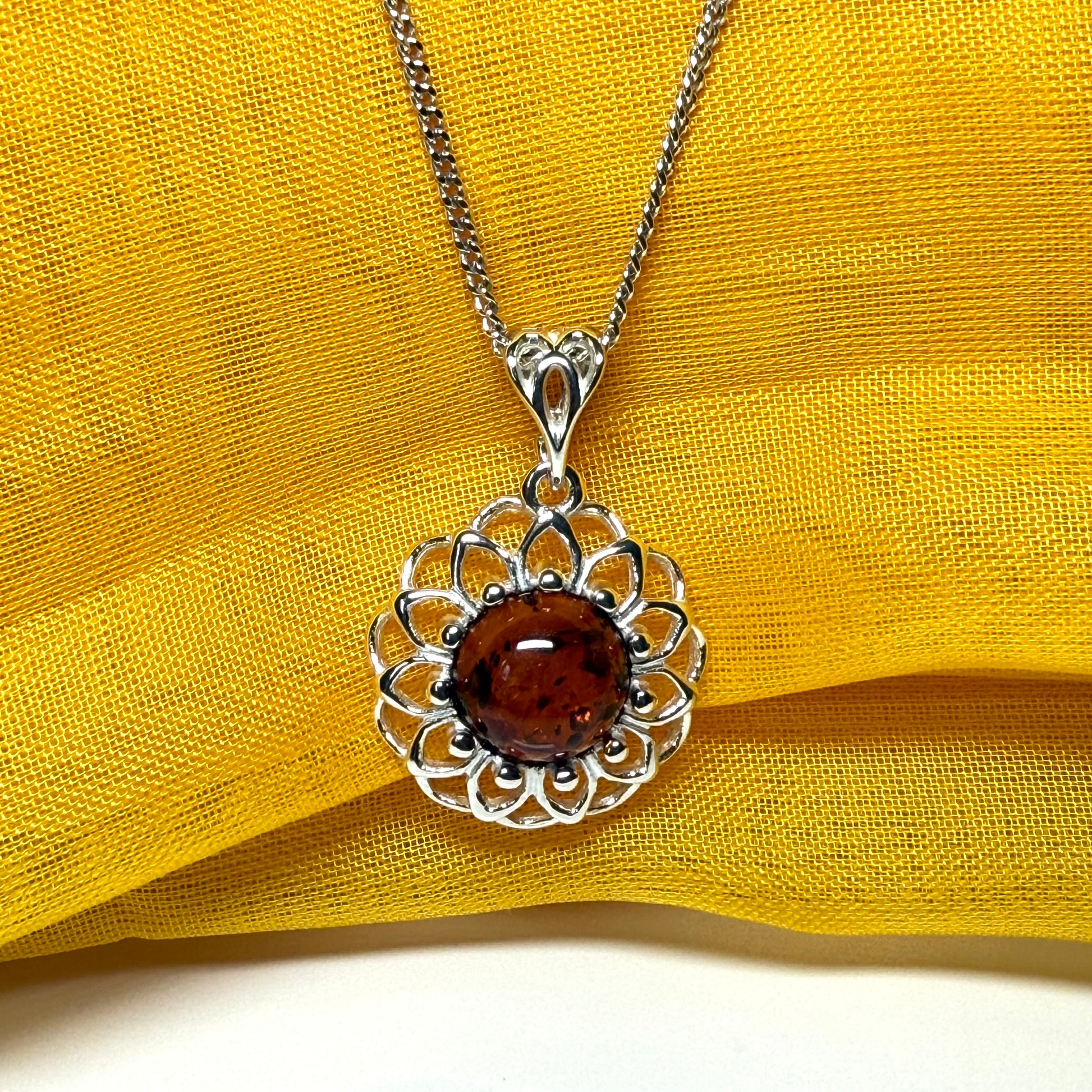 Necklace real amber open pierced round floral designed sterling silver
