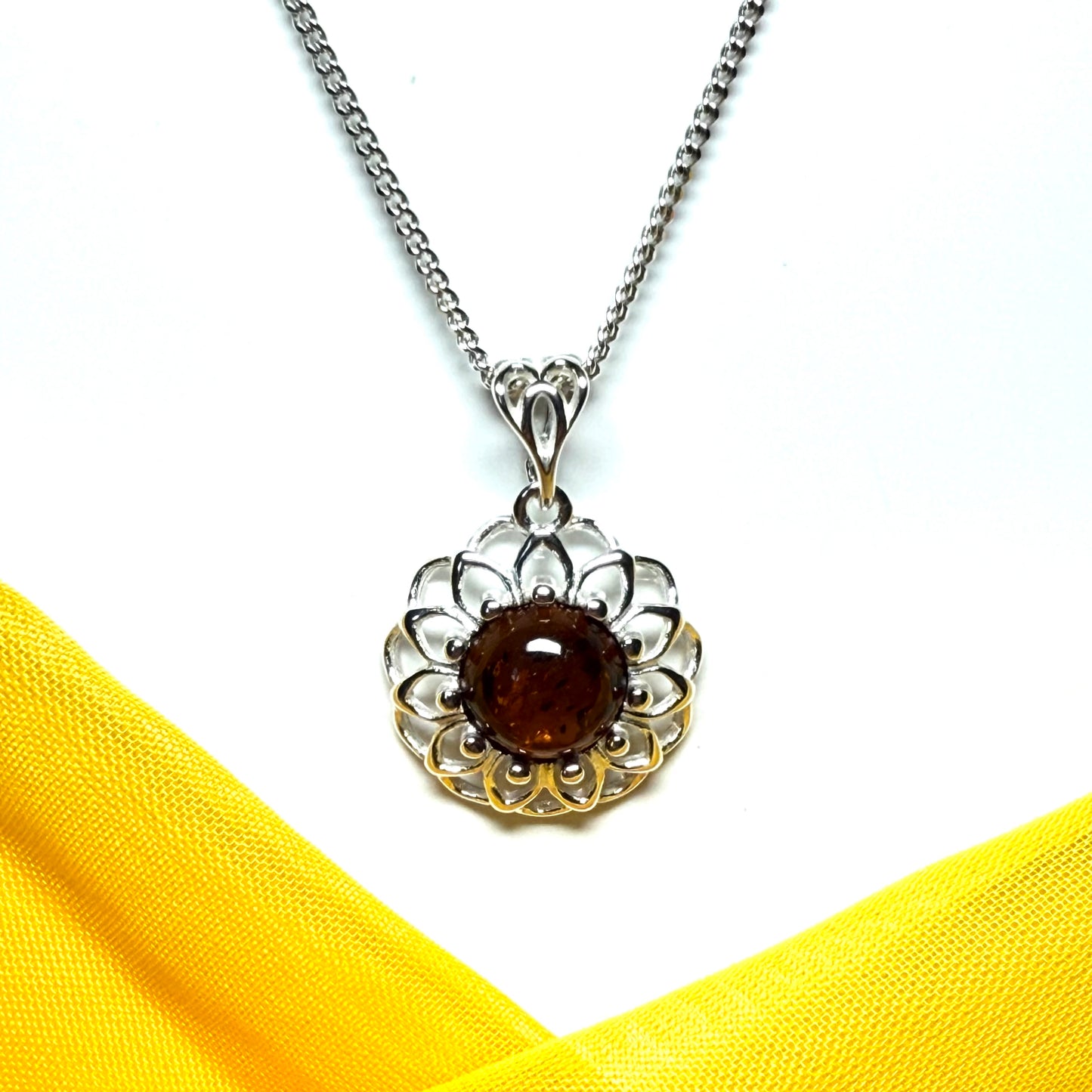 Necklace real amber open pierced round floral designed sterling silver
