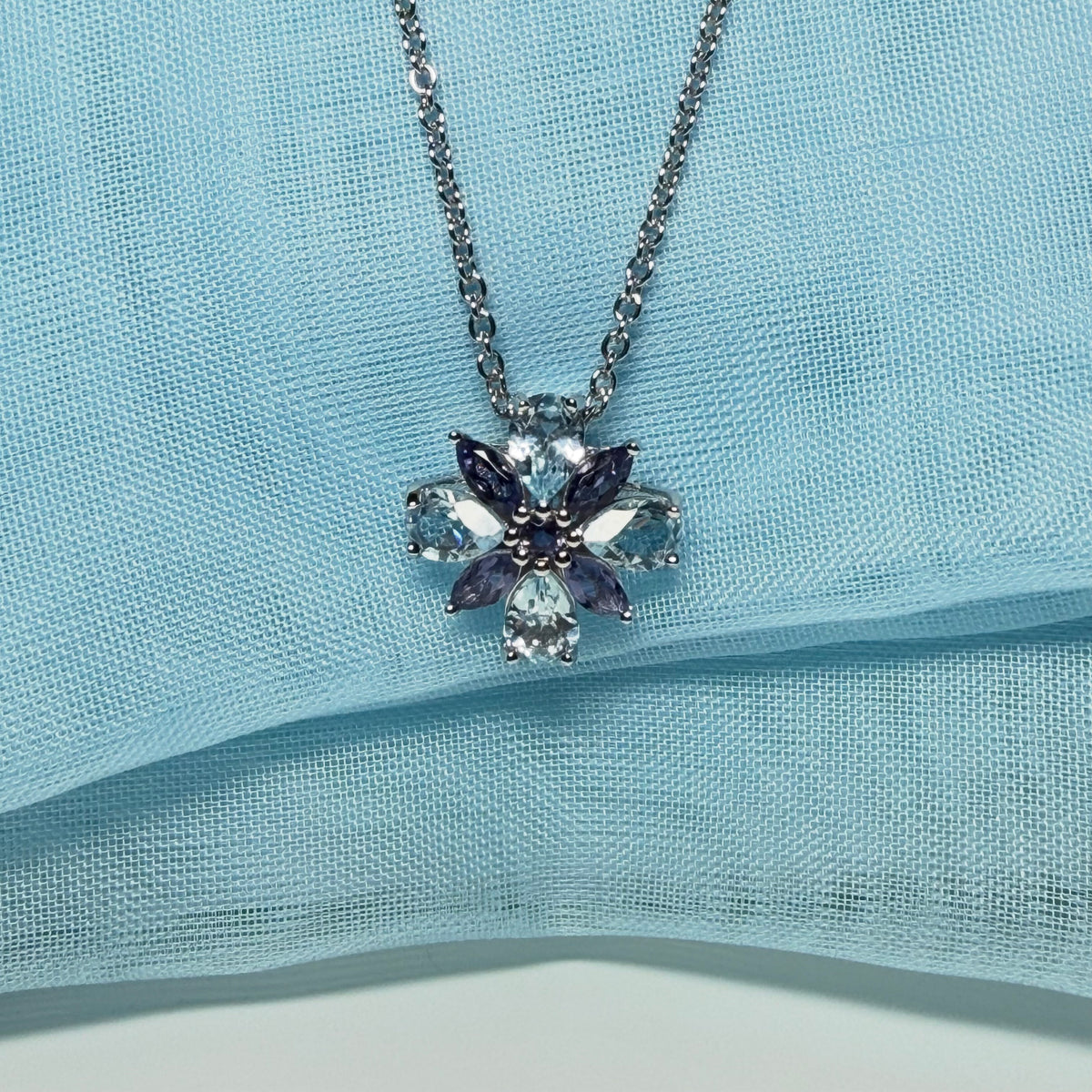 Necklace real amethyst and real blue topaz fancy spray pendant