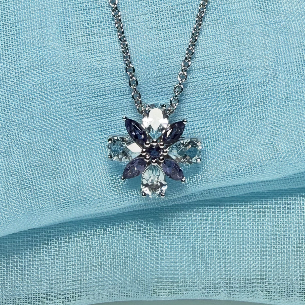 Necklace real amethyst and real blue topaz fancy spray pendant