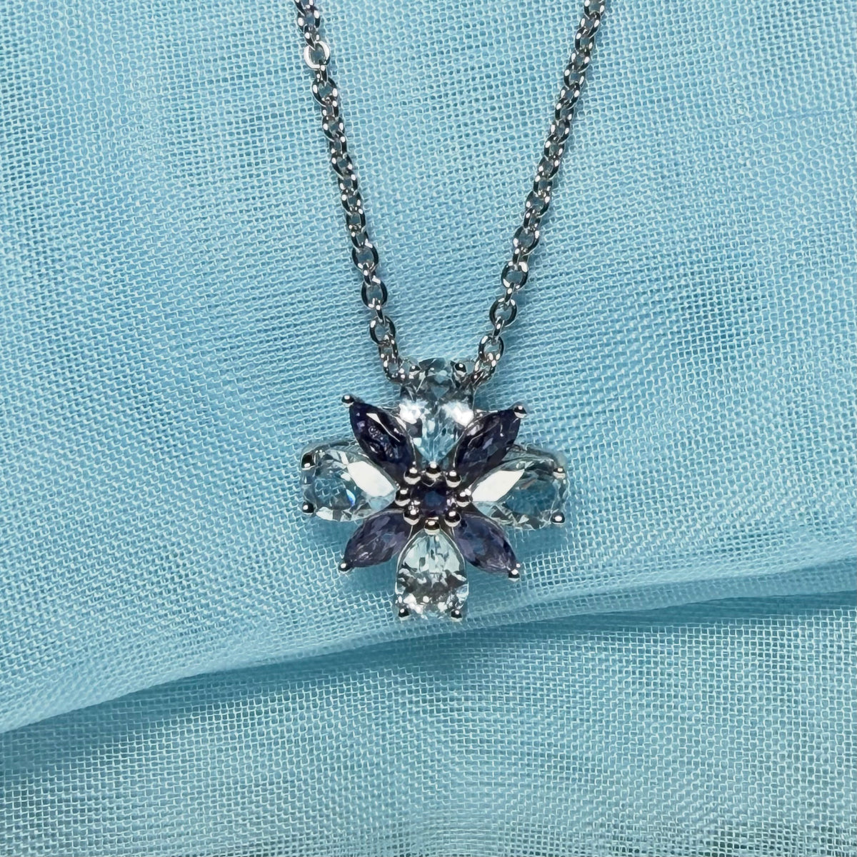 Necklace real amethyst and real blue topaz fancy spray pendant
