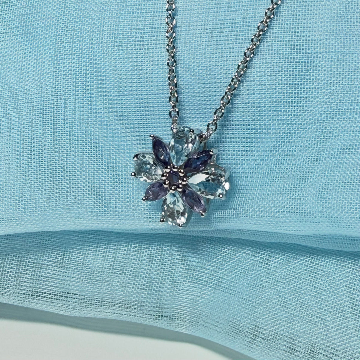 Necklace real amethyst and real blue topaz fancy spray pendant chain included