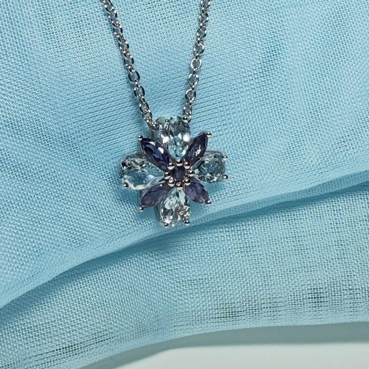 Necklace real amethyst and real blue topaz fancy spray pendant