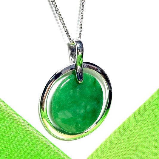 Necklace real dark green jade large round shape with a beautiful designed halo pendant