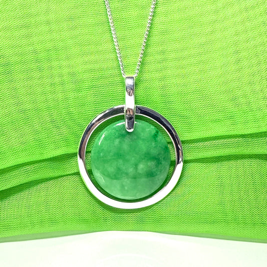 Necklace real dark green jade large round shape with a beautiful designed halo pendant