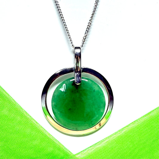 Necklace real dark green jade large round shape with a beautiful designed halo pendant, a hint of dark green