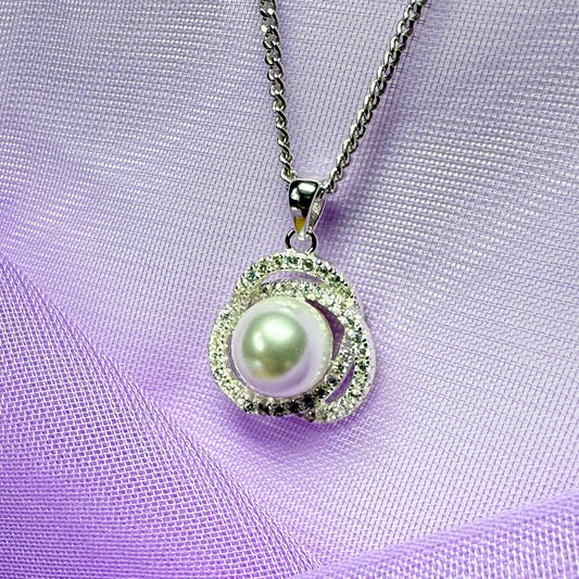 Necklace real freshwater pearl and cubic zirconia trefoil designed sterling silver with chain