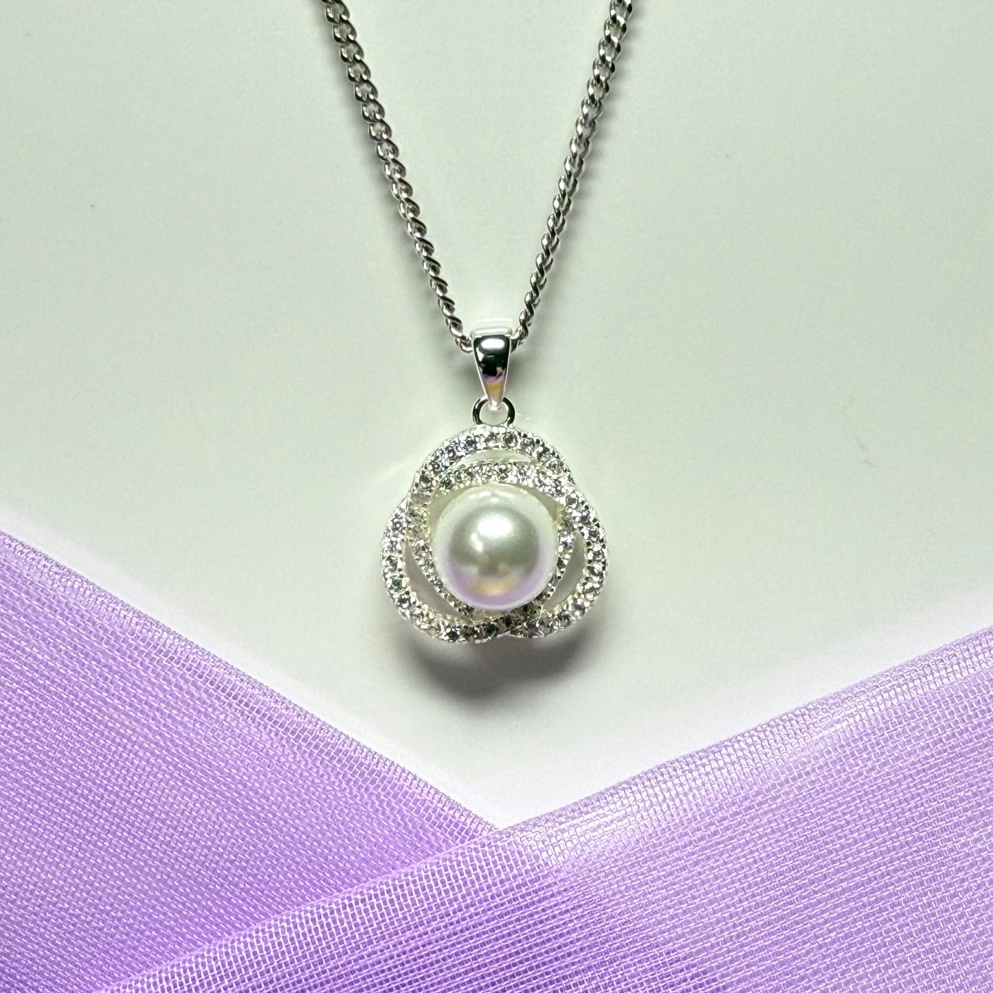 Necklace real freshwater pearl and cubic zirconia trefoil designed sterling silver