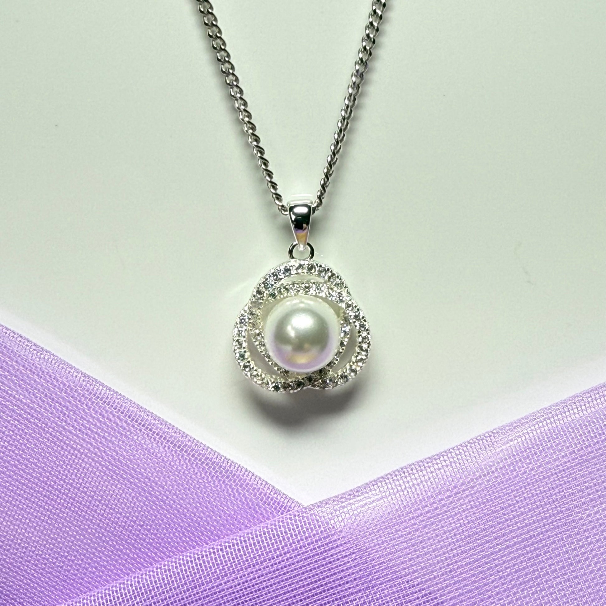 Necklace real freshwater pearl and cubic zirconia trefoil designed sterling silver