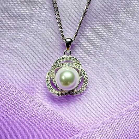 Necklace real freshwater pearl and cubic zirconia trefoil designed sterling silver with chain