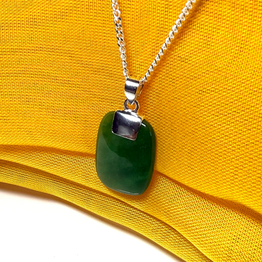 Necklace real green jade cushion shaped pendant with a chain