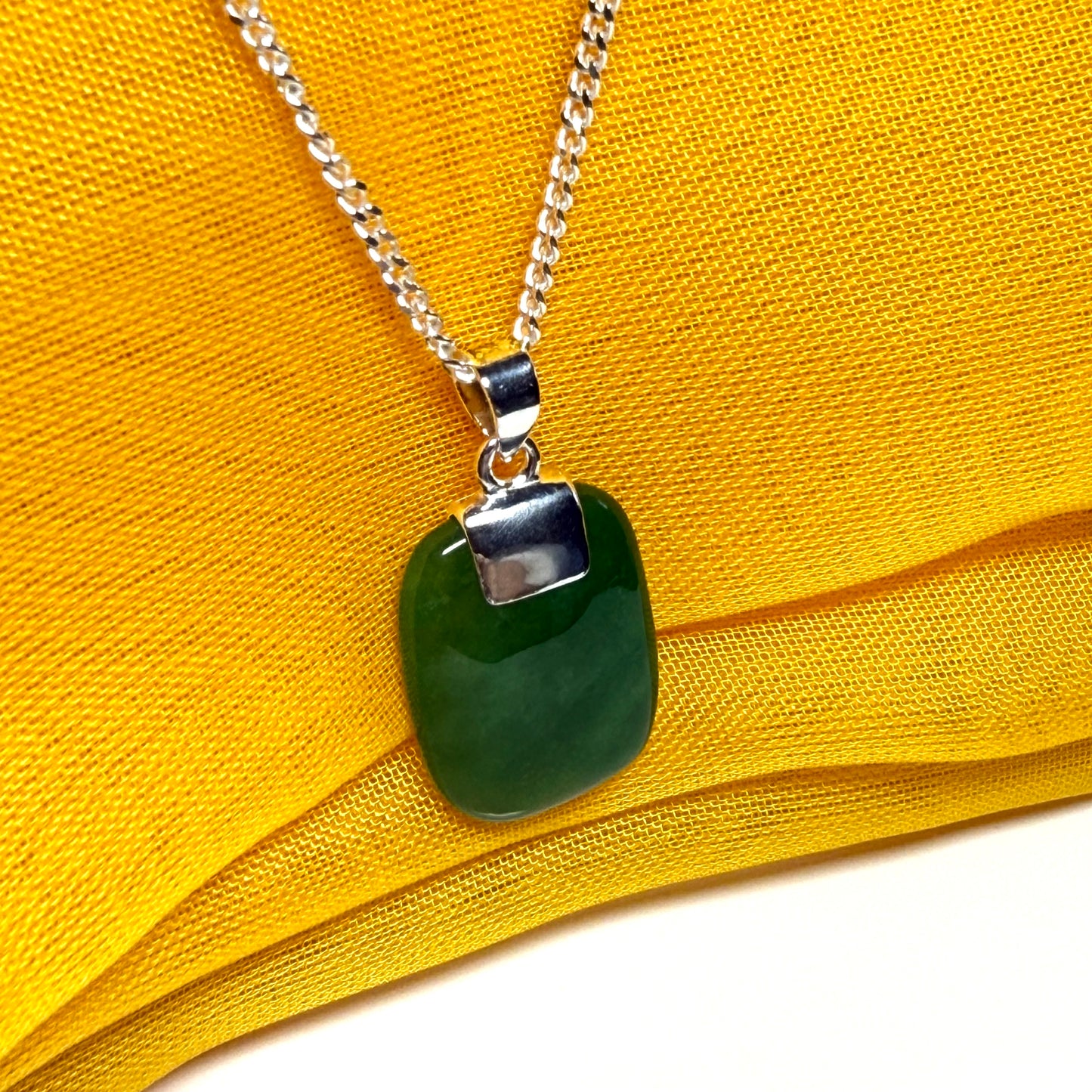 Necklace real green jade cushion shaped pendant with a chain