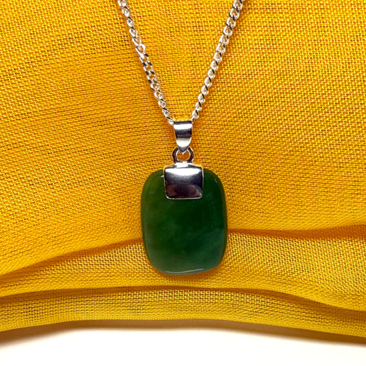 Necklace real green jade cushion shaped pendant with a chain
