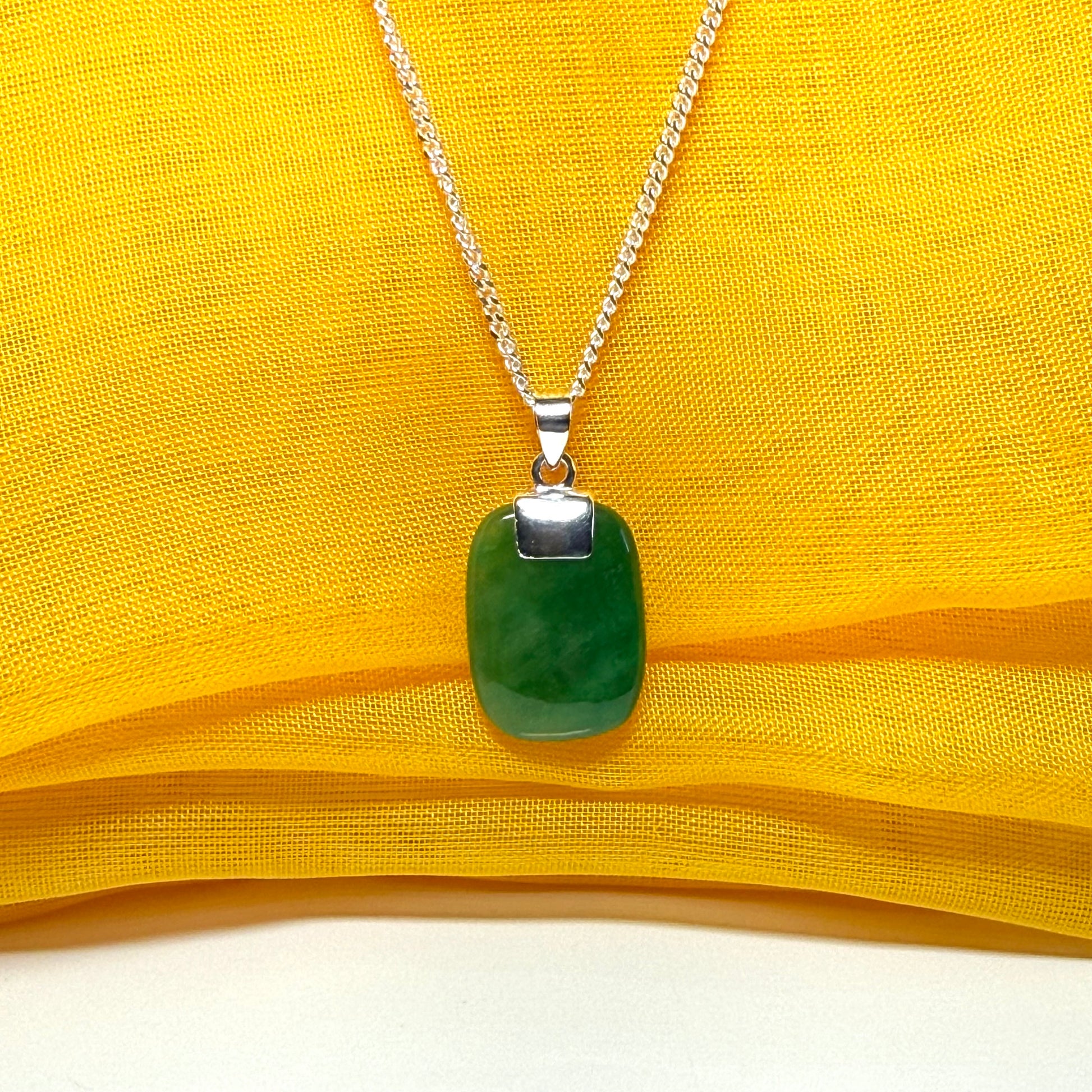 Necklace real green jade cushion shaped pendant with a chain