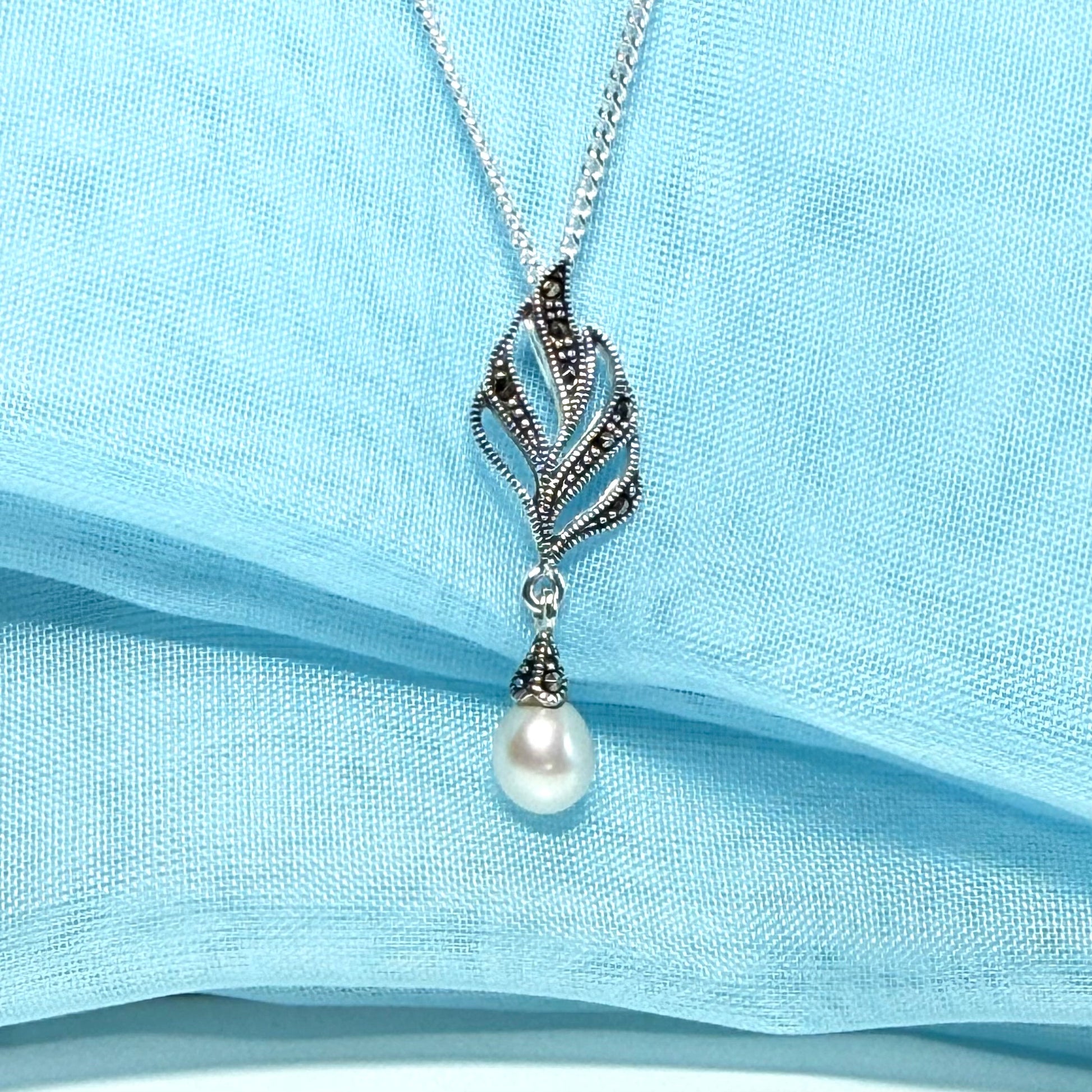 Necklace real marcasite and real freshwater cultured pearl leaf shape sterling silver pendant