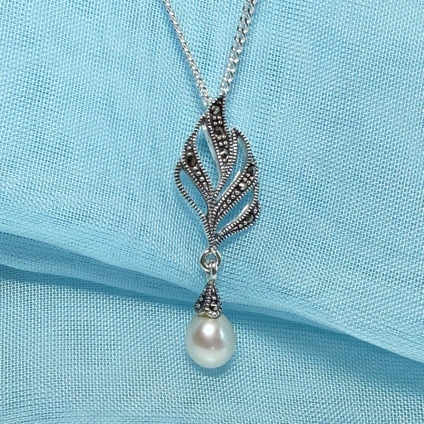 Necklace real marcasite and real freshwater cultured pearl leaf shape sterling silver pendant