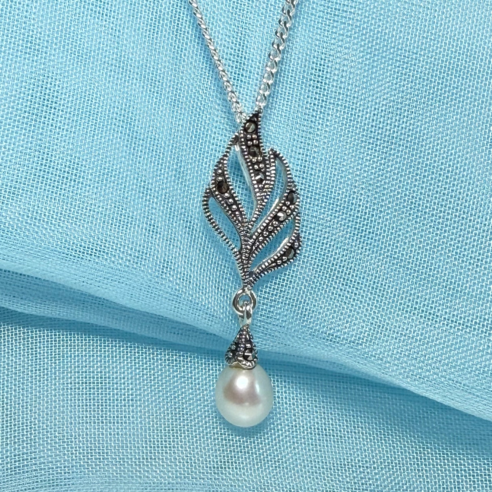 Necklace real marcasite and real freshwater cultured pearl leaf shape sterling silver pendant