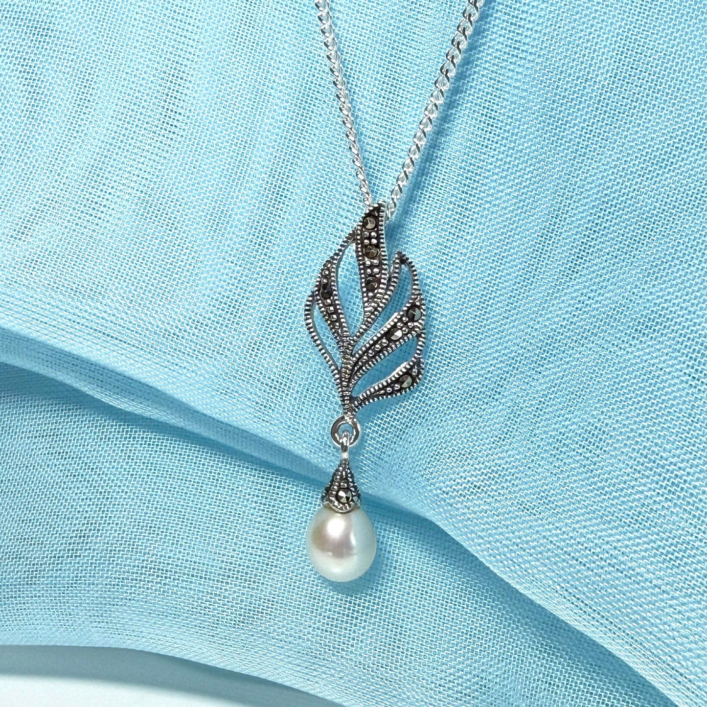 Necklace real marcasite and real freshwater cultured pearl leaf shape sterling silver pendant