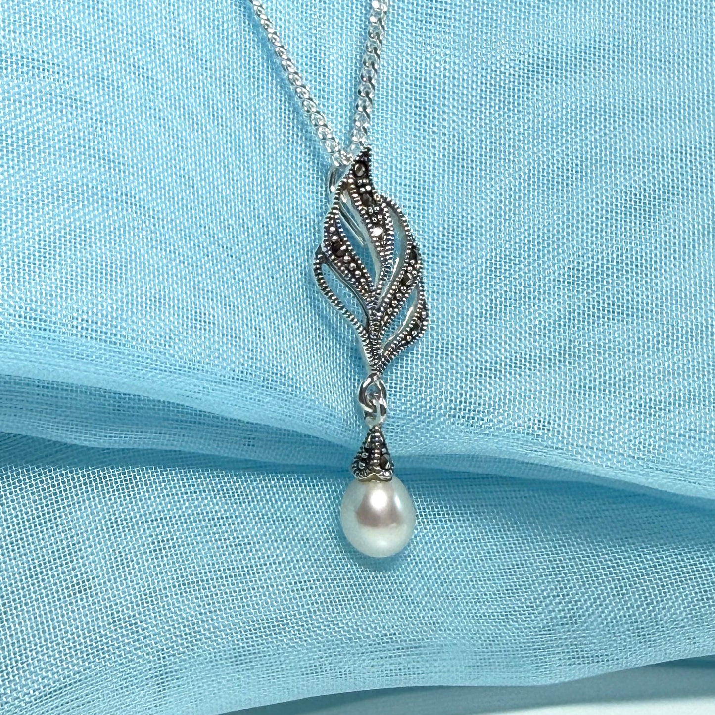Necklace real marcasite and real freshwater cultured pearl leaf shape sterling silver pendant