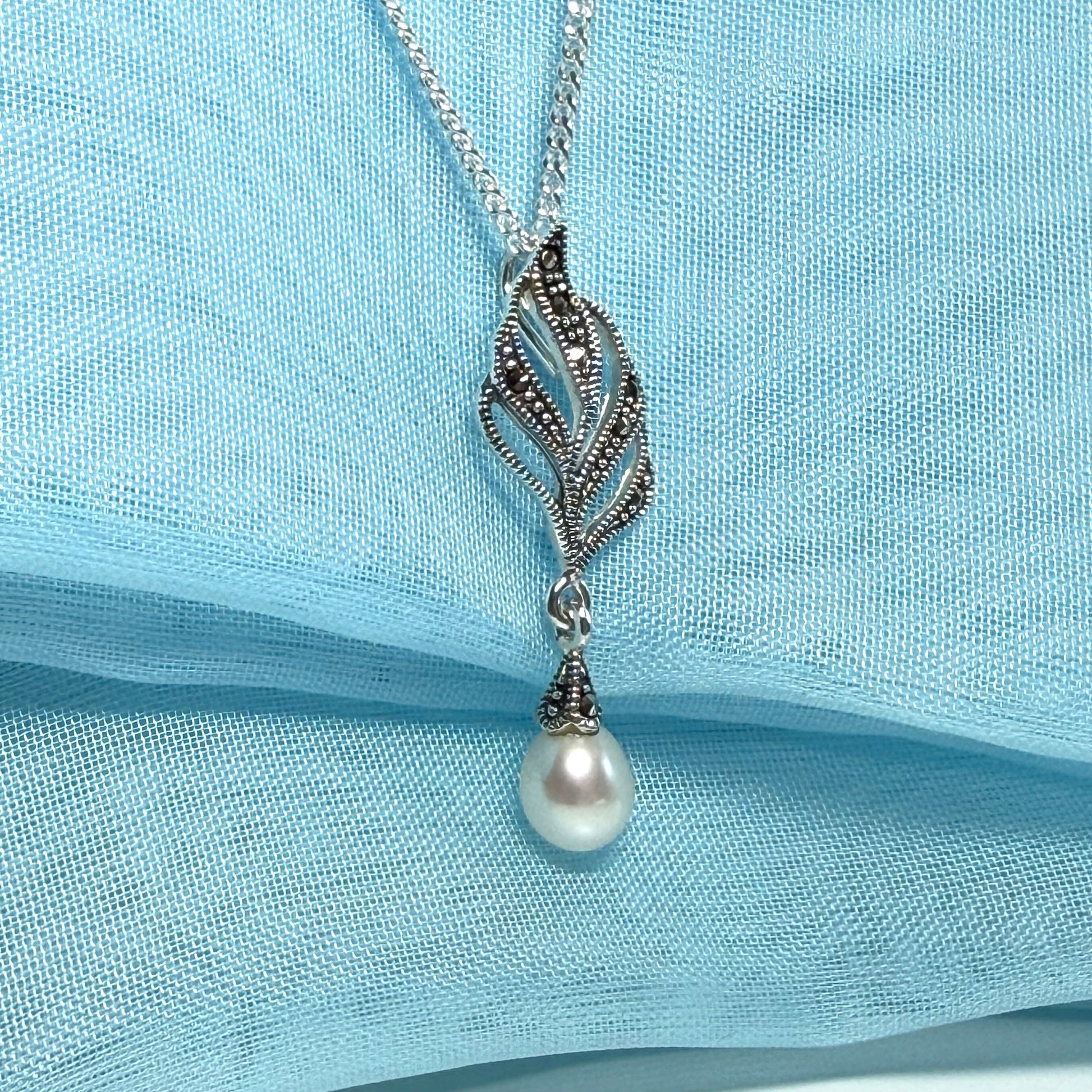 Necklace real marcasite and real freshwater cultured pearl leaf shape sterling silver pendant
