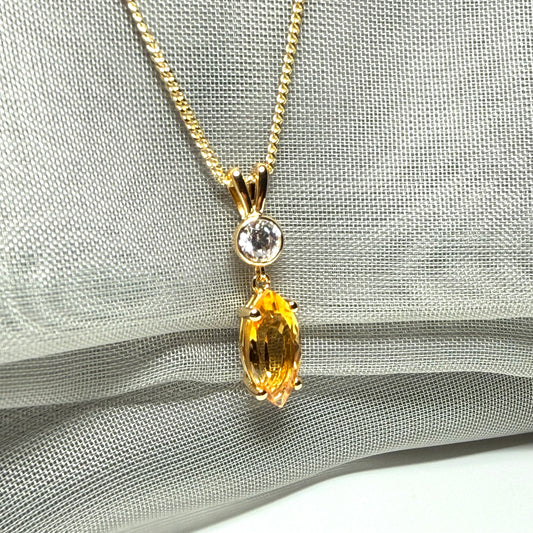 Necklace real yellow citrine and real cubic zirconia marquise and round sterling silver with yellow gold plating