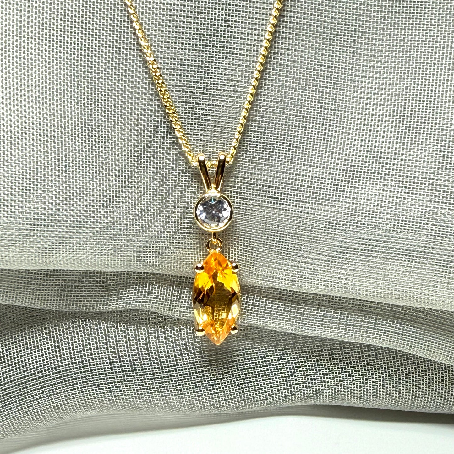Necklace real yellow citrine and real cubic zirconia marquise and round sterling silver with yellow gold plating