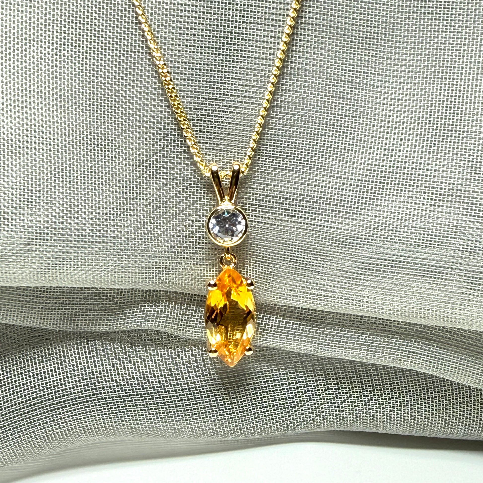Necklace real yellow citrine and real cubic zirconia marquise and round sterling silver with yellow gold plating