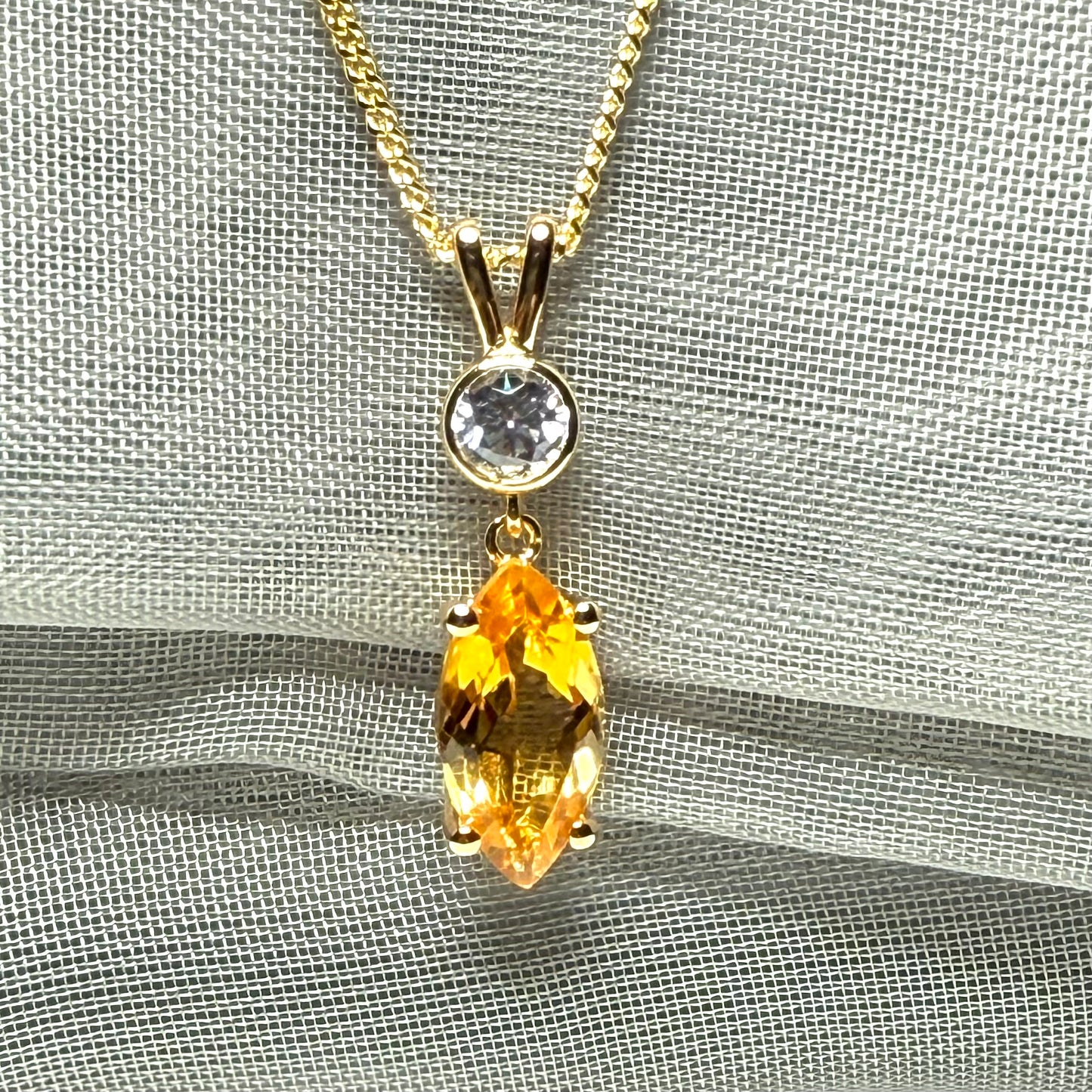 Necklace real yellow citrine and real cubic zirconia marquise and round sterling silver with yellow gold plating