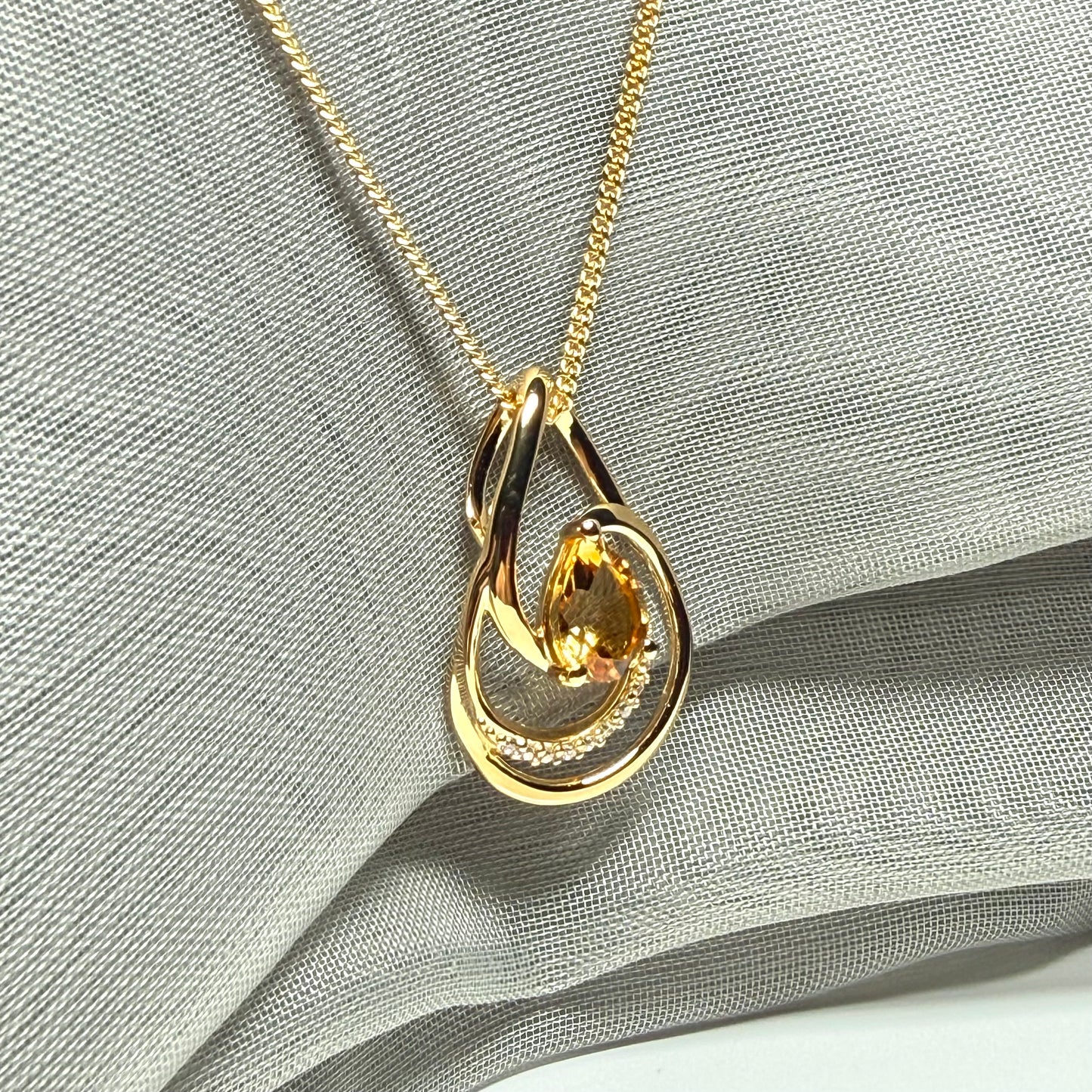 Necklace real yellow pear cut citrine and real cubic zirconia and round sterling silver with yellow gold plating