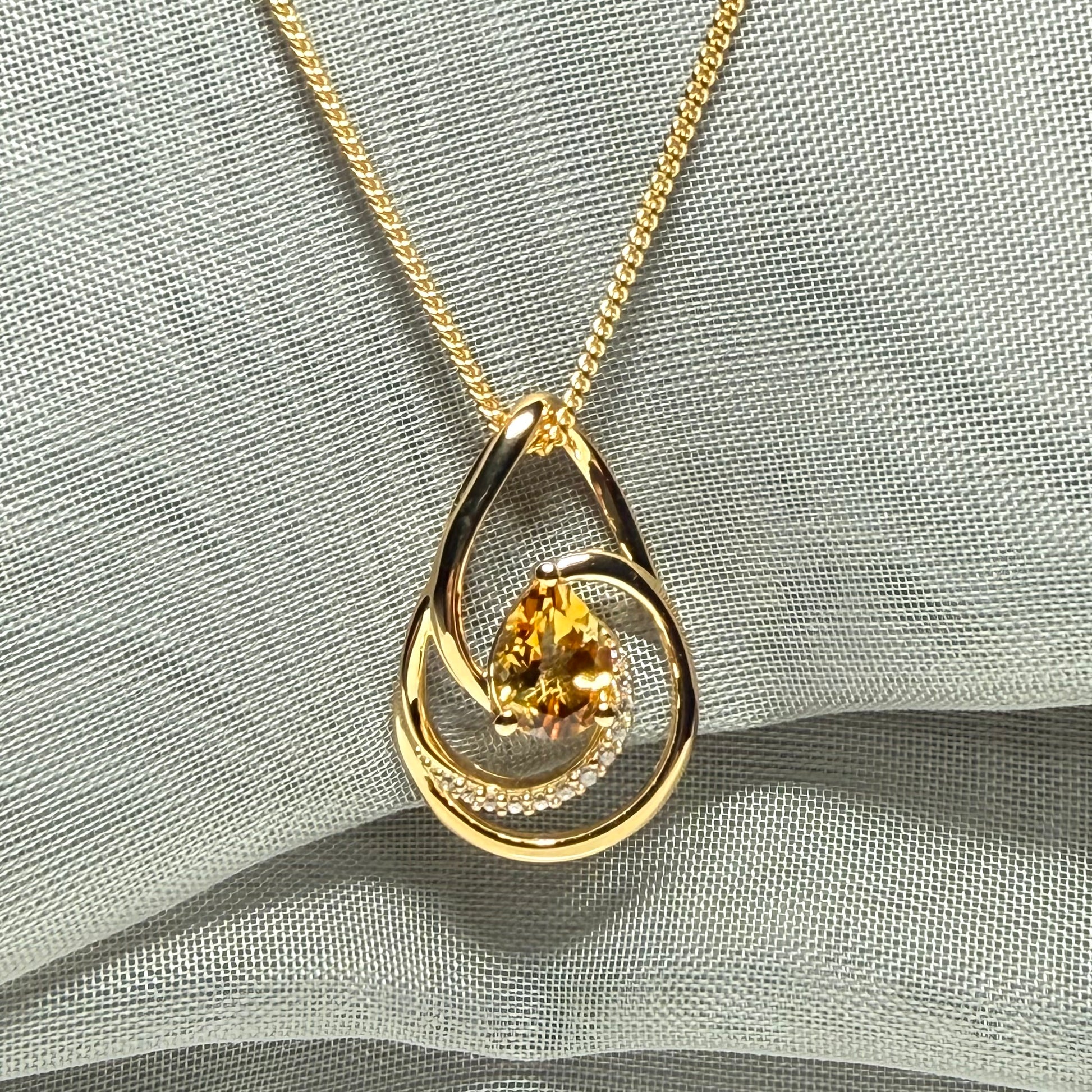 Necklace real yellow pear cut citrine and real cubic zirconia and round sterling silver with yellow gold plating