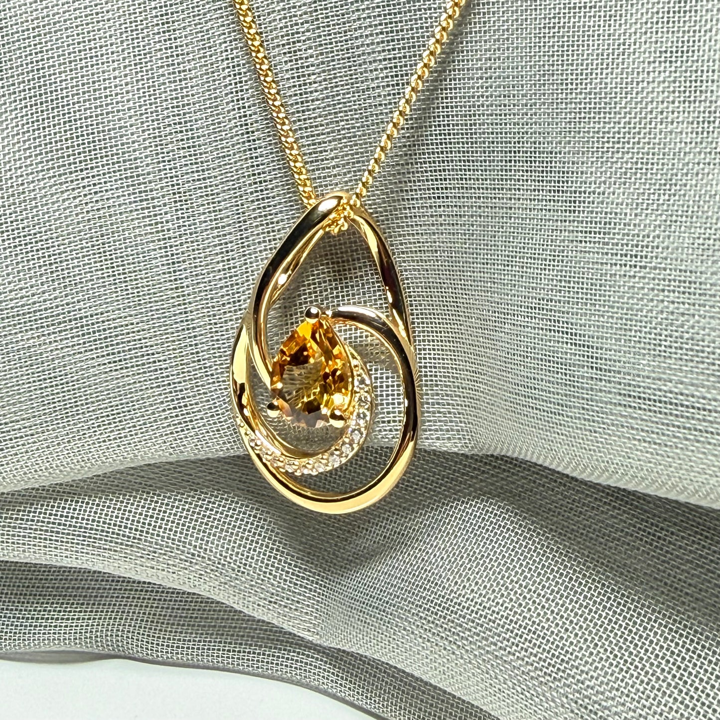 Necklace real yellow pear cut citrine and real cubic zirconia and round sterling silver with yellow gold plating