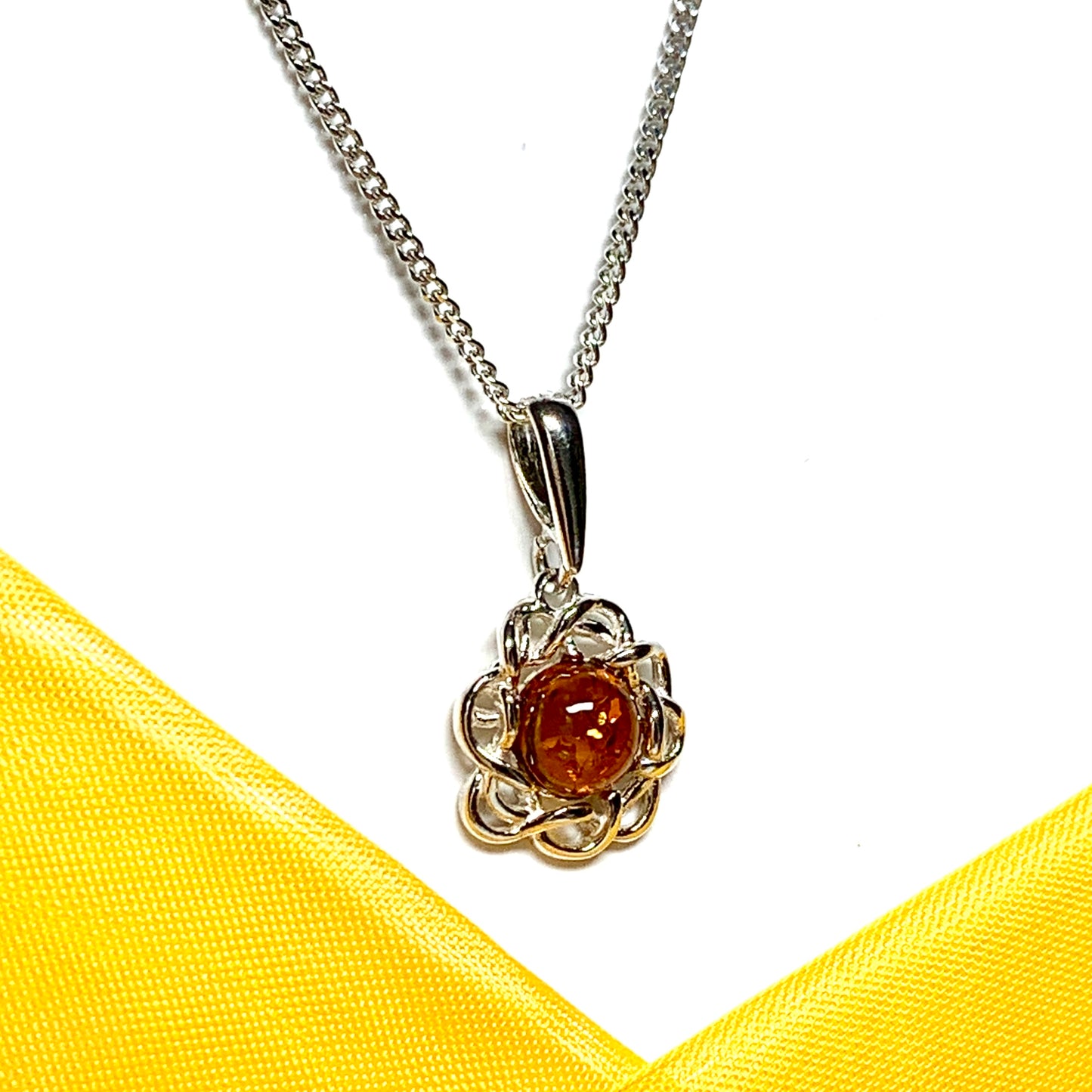 Necklace round sterling silver real amber pendant