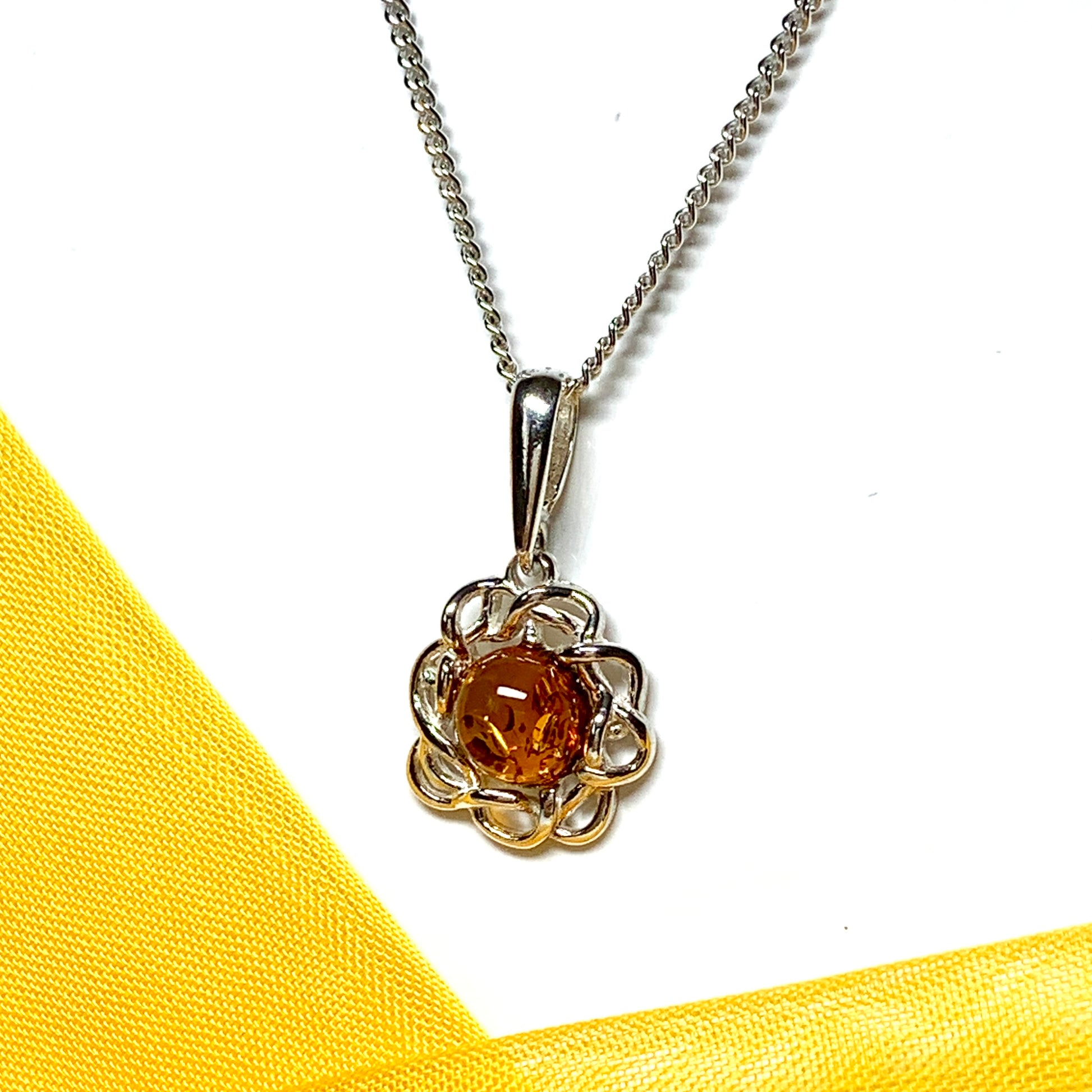 Necklace round sterling silver real amber pendant