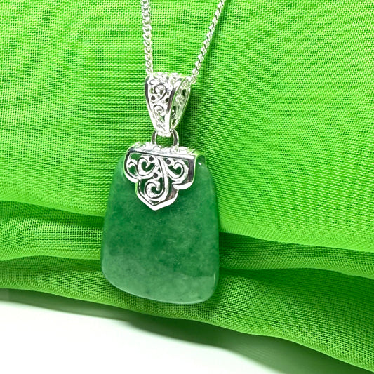 Necklace with a real green jade stone, large necklace cushion shaped, a timeless designed pendant