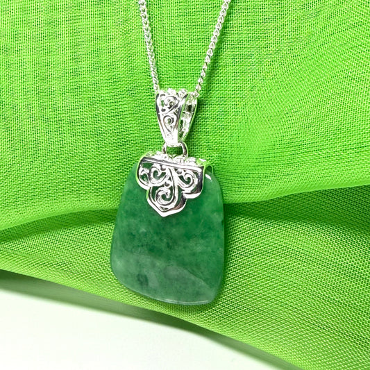 Necklace with a real green jade stone, large pendant cushion shaped