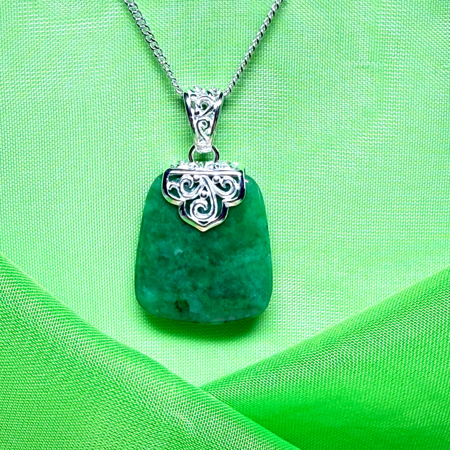Necklace with a real green jade stone, large pendant cushion shaped