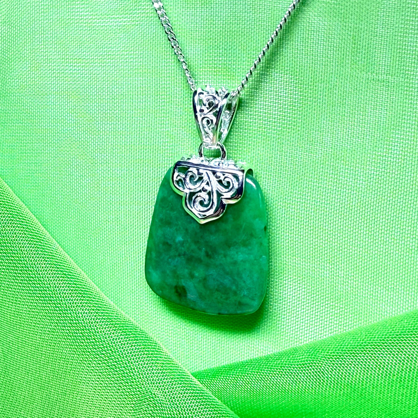 Necklace with a real green jade stone, large pendant cushion shaped