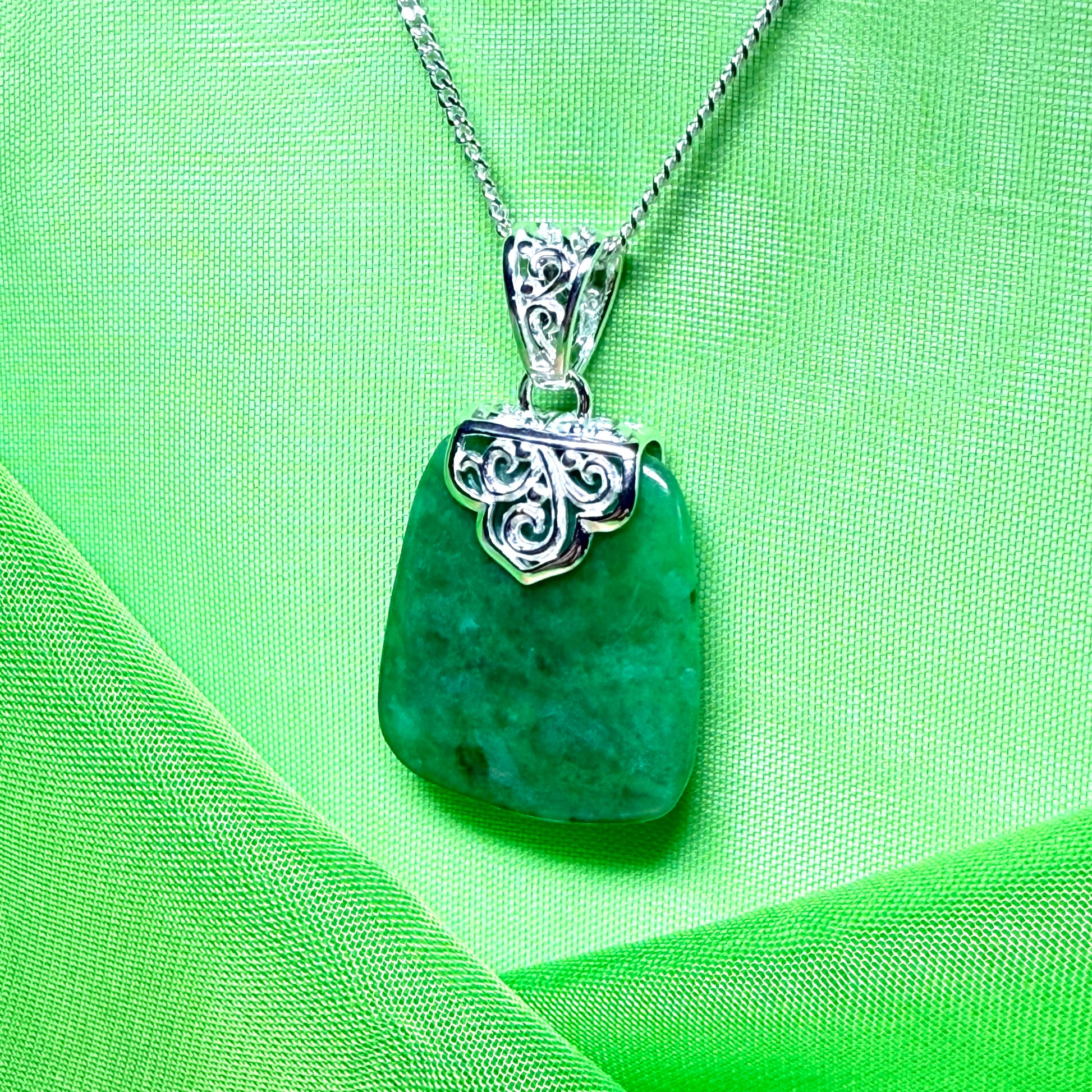 Necklace with a real green jade stone, large pendant cushion shaped