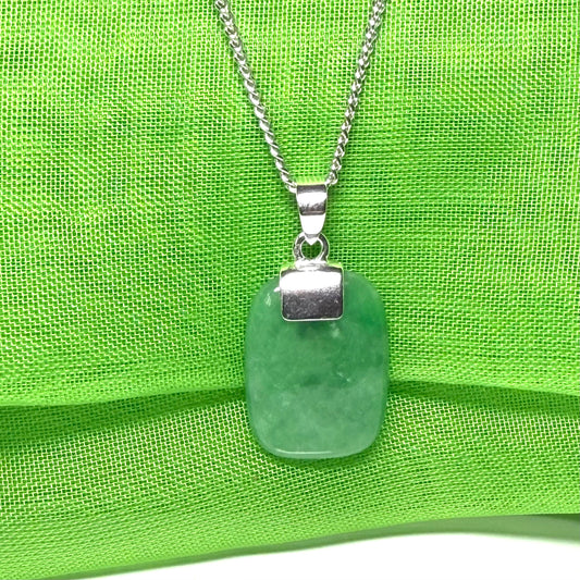 Necklace with a real green jade stone sterling silver cushion shaped pendant