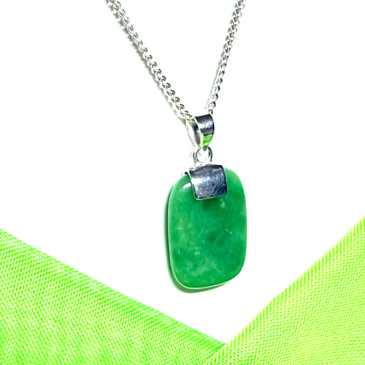 Necklace with a real green jade stone sterling silver cushion shaped pendant