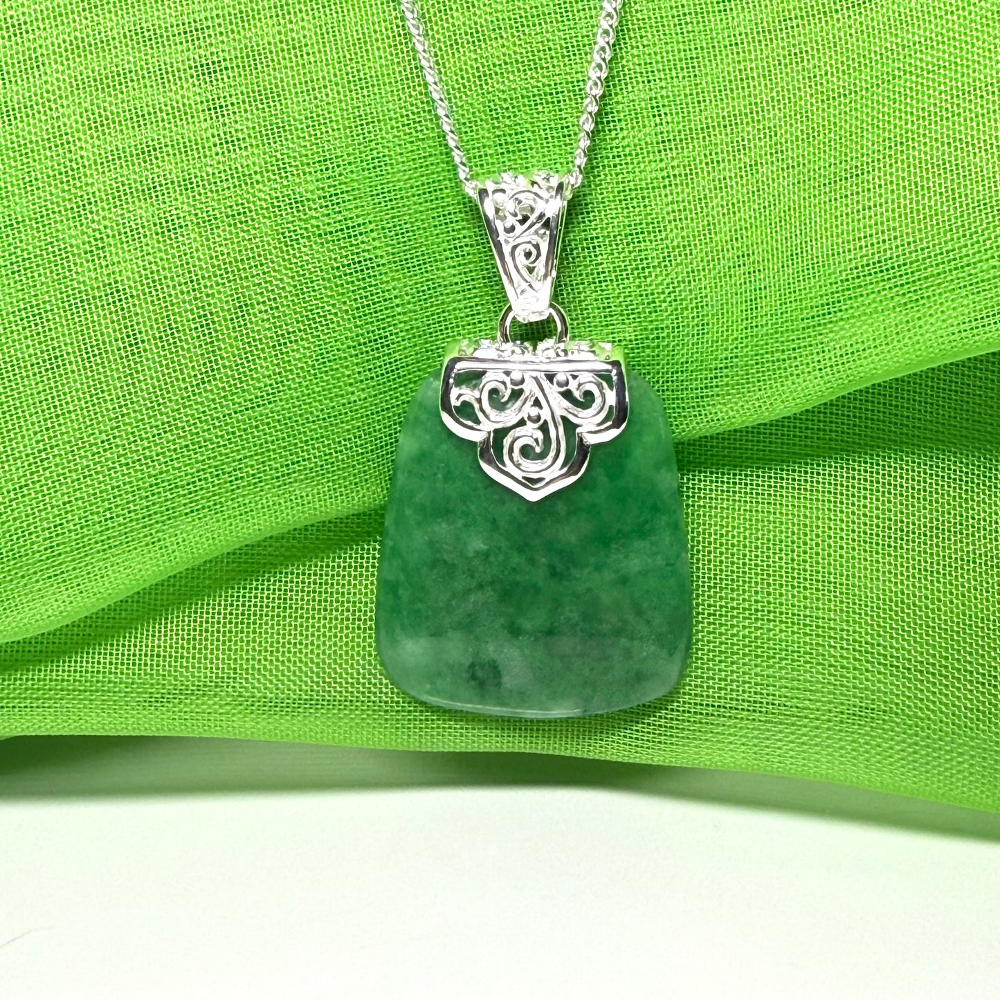 Necklace with a real green jade stone, large pendant cushion shaped