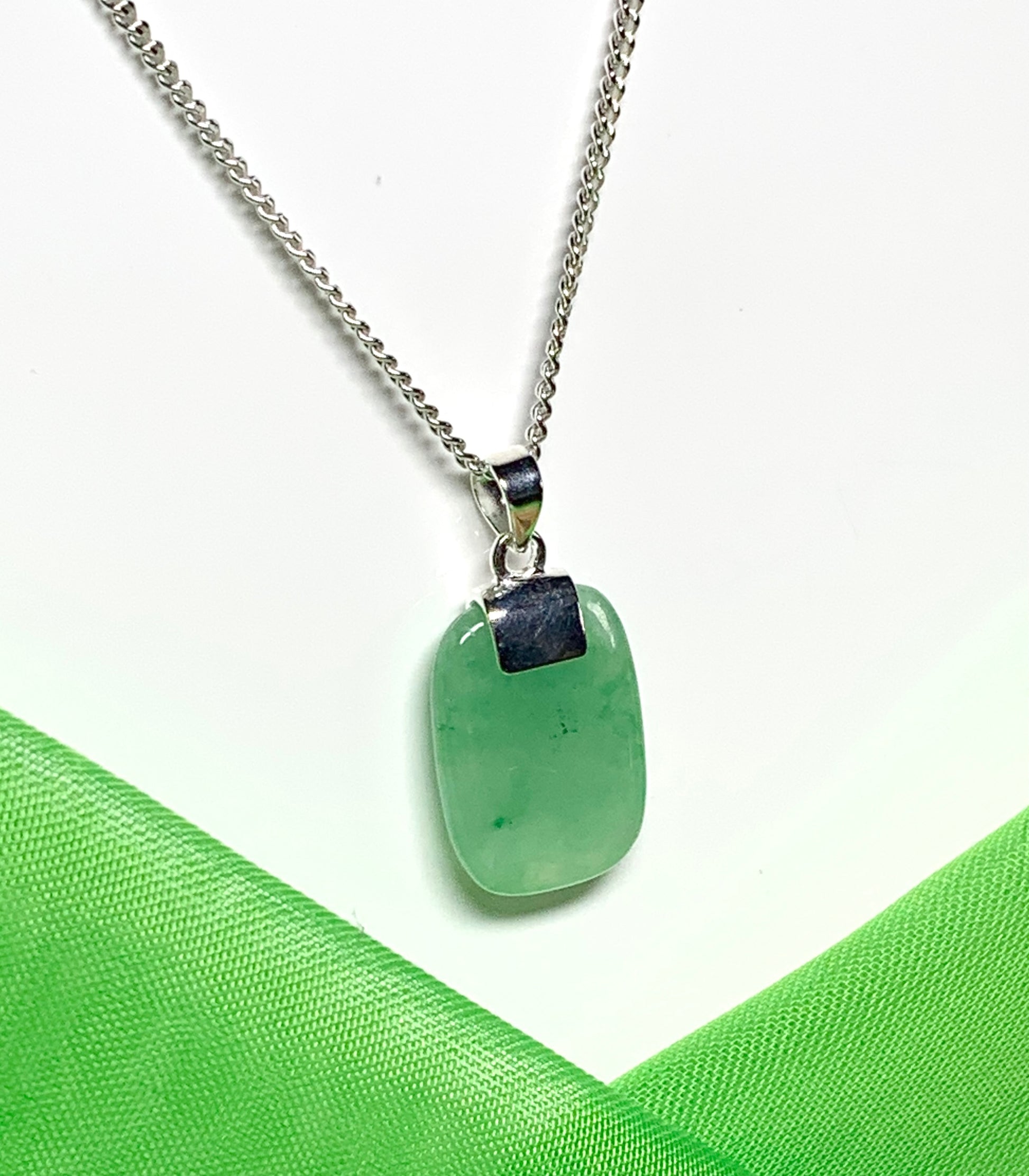 Necklace pendant having real green jade sterling silver cushion shaped