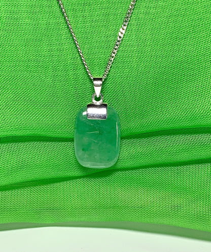 Necklace pendant having real green jade sterling silver cushion shaped