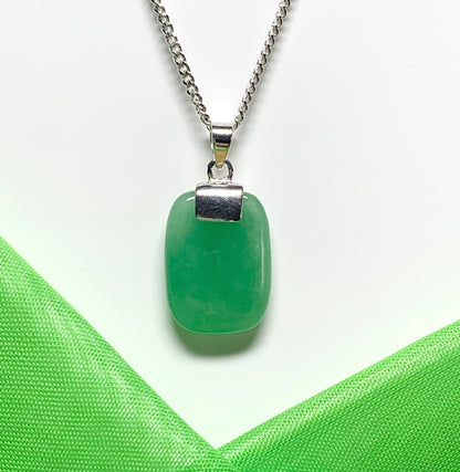 Necklace pendant having a real green jade sterling silver cushion shaped