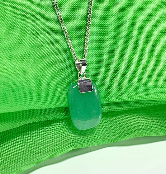 Necklace pendant having a real green jade sterling silver cushion shaped