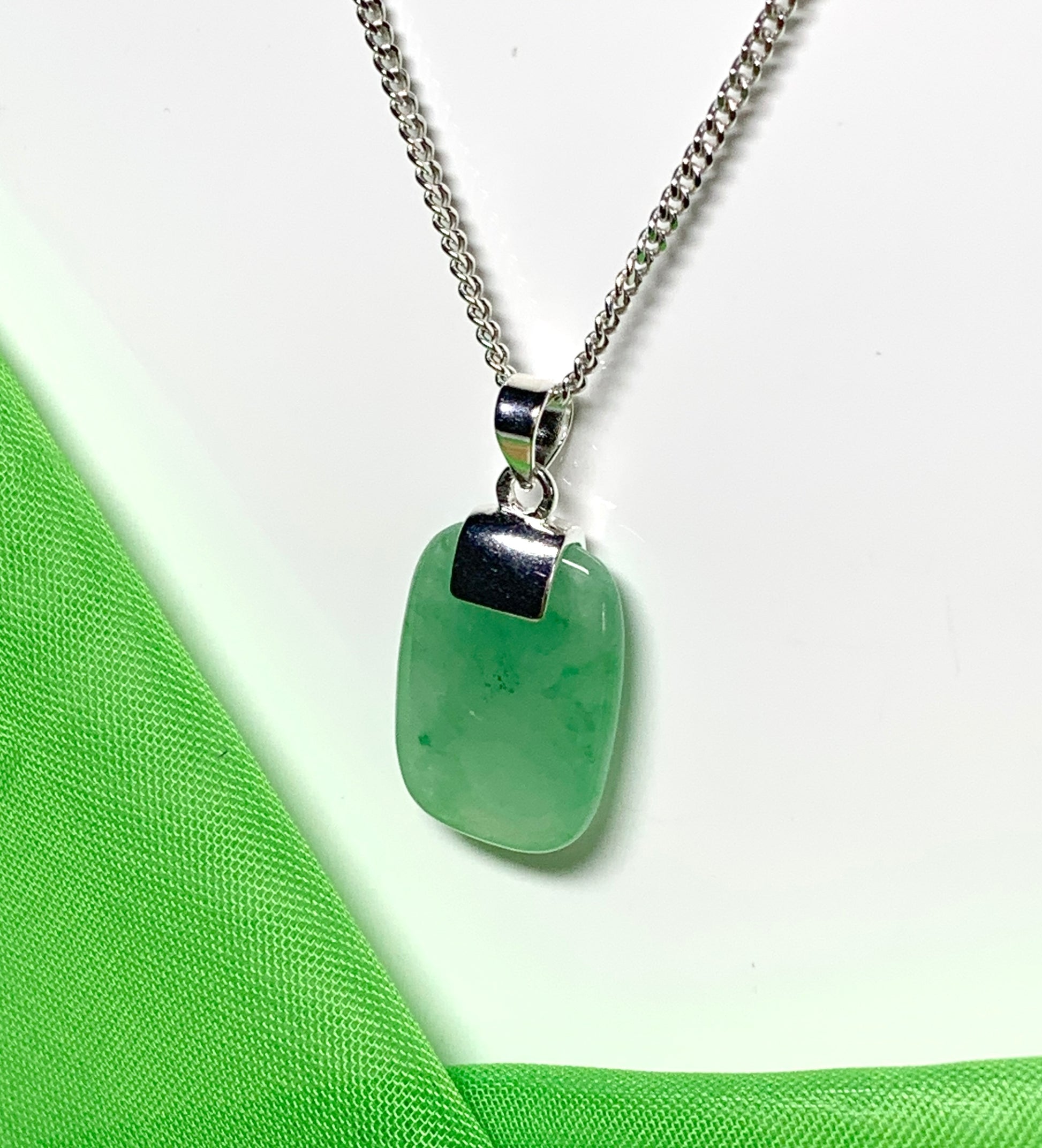 Necklace pendant having real green jade sterling silver cushion shaped