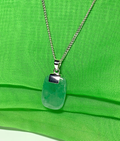 Necklace pendant having real green jade sterling silver cushion shaped