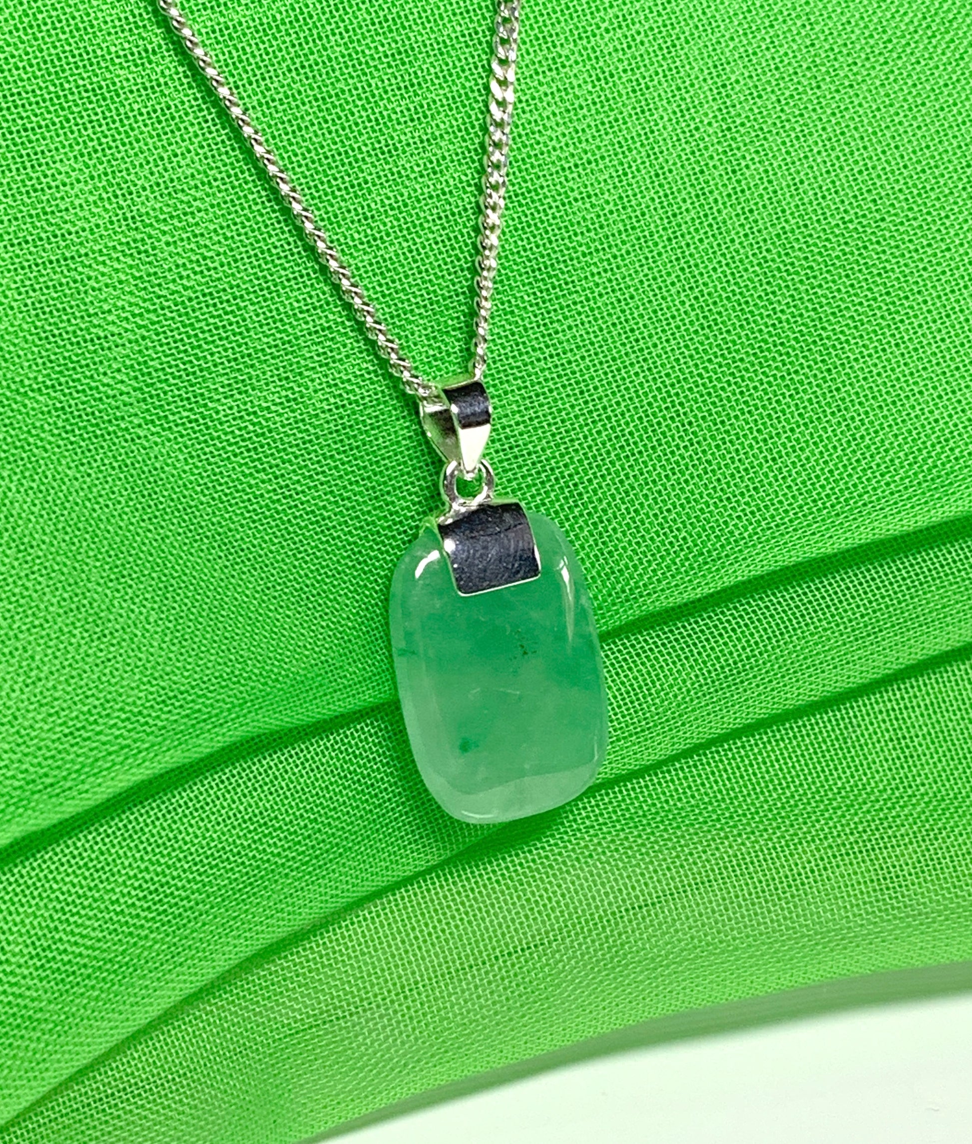 Necklace pendant having real green jade sterling silver cushion shaped