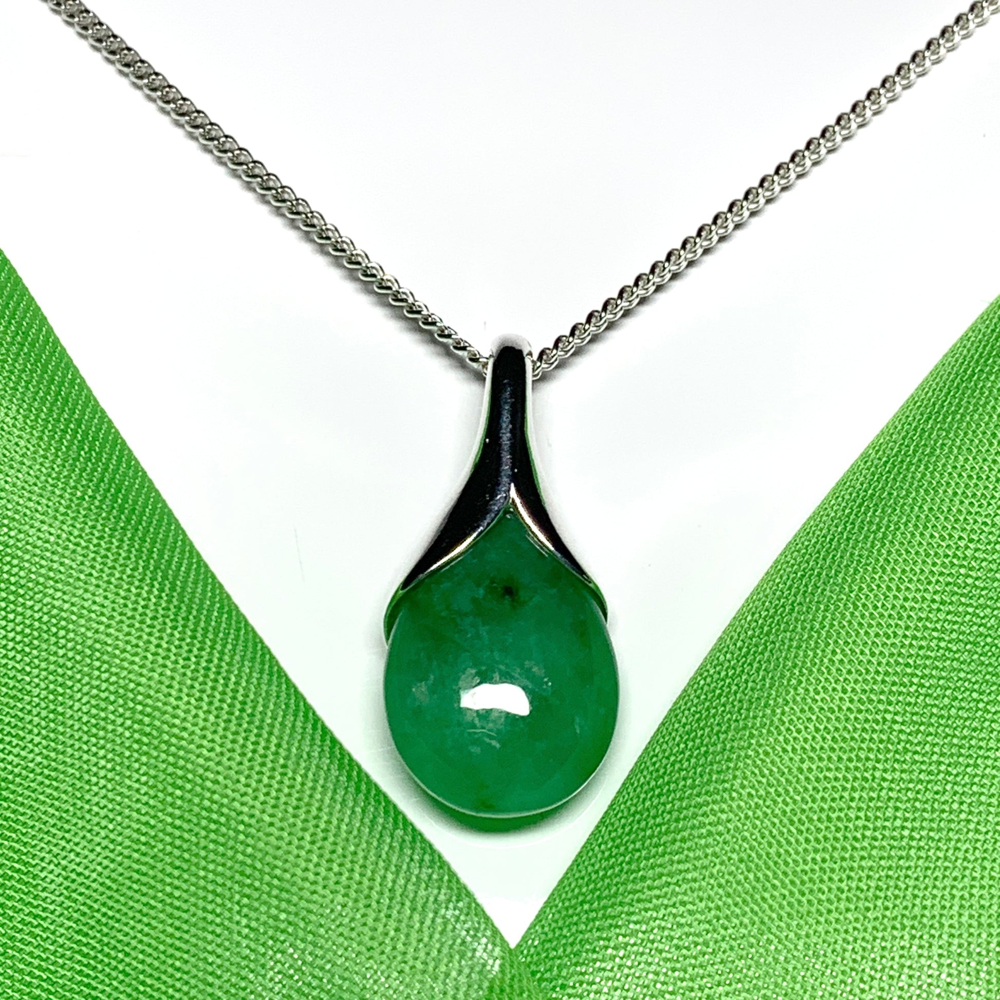 Real dark green jade tear drop sterling silver pear shaped pendant