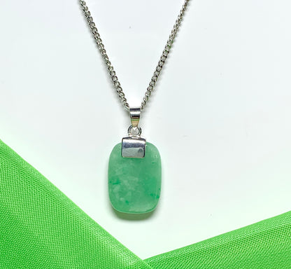 Necklace with real green jade sterling silver cushion shaped pendant